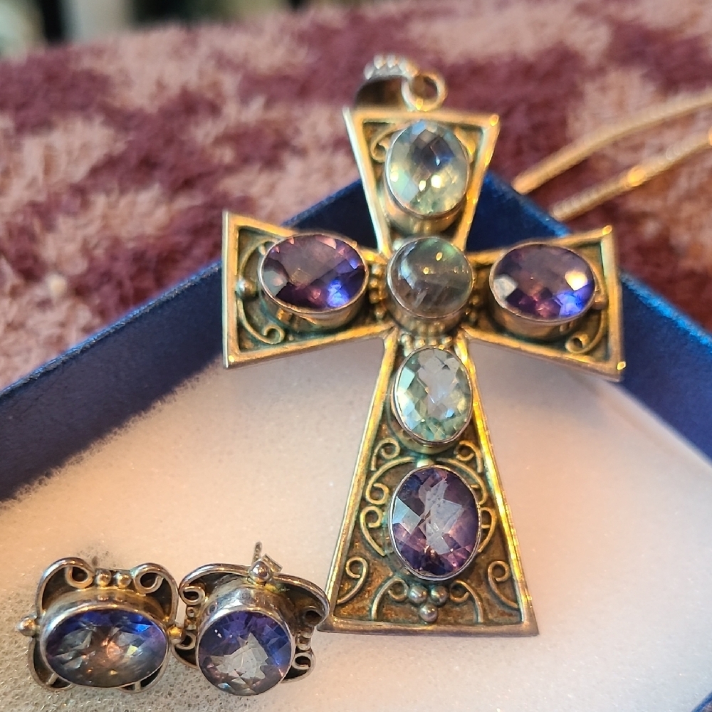 Nicky Butler SS with Amethyst And Blue Topaz Cross Pendant and Earring Set